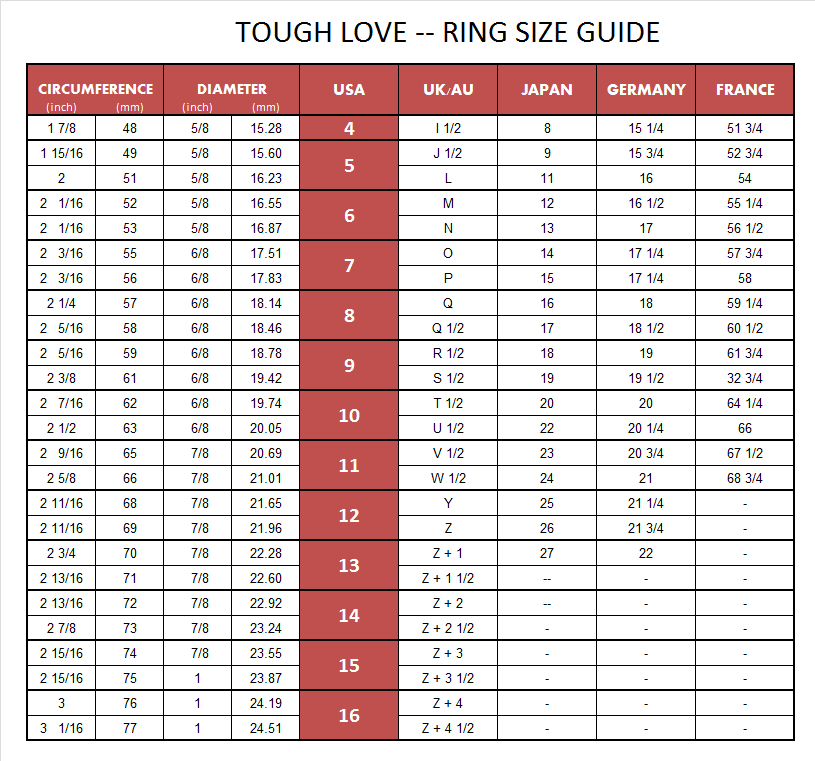 Tough Love Ring Size Guide