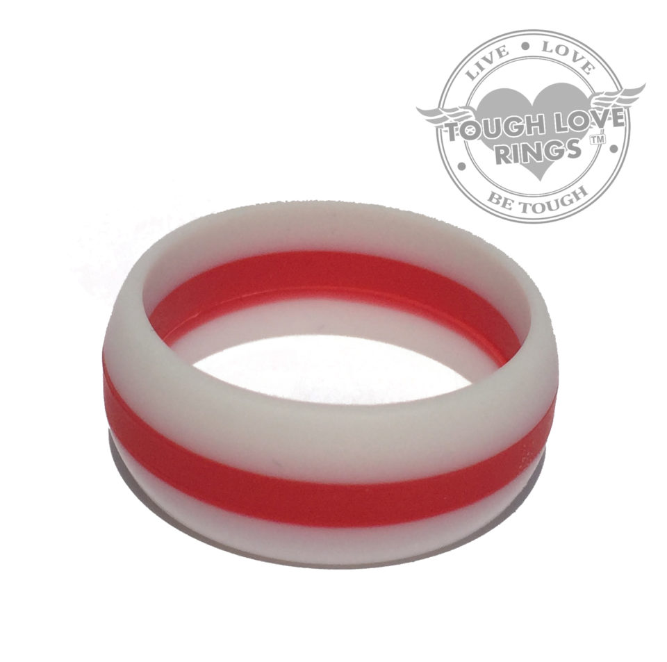 Striped WHITE/RED Thin Line Silicone Ring (Wide band, 8.7mm)